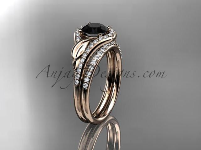 14kt rose gold diamond leaf wedding set, engagement set with a Black Diamond center stone ADLR334 - AnjaysDesigns