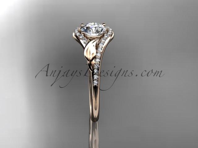14kt rose gold diamond leaf wedding ring, engagement ring with a "Forever One" Moissanite center stone ADLR334 - AnjaysDesigns
