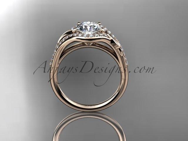 14kt rose gold diamond leaf wedding ring, engagement ring with a "Forever One" Moissanite center stone ADLR334 - AnjaysDesigns