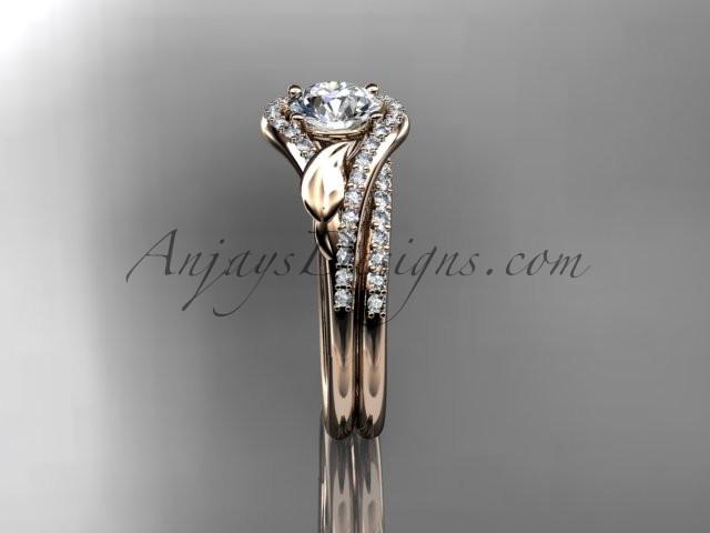 14kt rose gold diamond leaf wedding set, engagement set with a "Forever One" Moissanite center stone ADLR334 - AnjaysDesigns