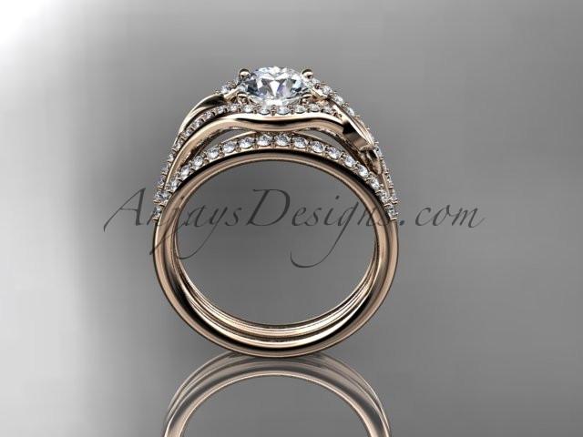 14kt rose gold diamond leaf wedding set, engagement set with a "Forever One" Moissanite center stone ADLR334 - AnjaysDesigns