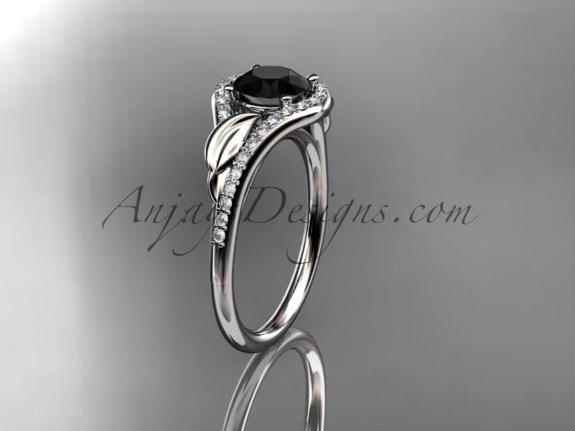 Platinum diamond leaf wedding ring, engagement ring with a Black Diamond center stone ADLR334 - AnjaysDesigns