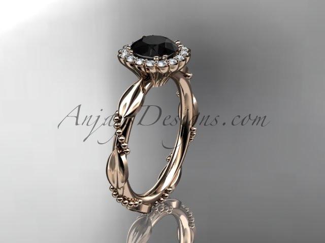 14kt rose gold diamond leaf and vine wedding ring, engagement ring with a Black Diamond center stone ADLR337 - AnjaysDesigns