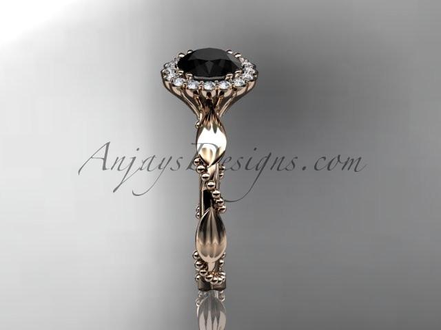 14kt rose gold diamond leaf and vine wedding ring, engagement ring with a Black Diamond center stone ADLR337 - AnjaysDesigns