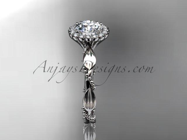 14kt white gold diamond leaf and vine wedding ring, engagement ring with a "Forever One" Moissanite center stone ADLR337 - AnjaysDesigns