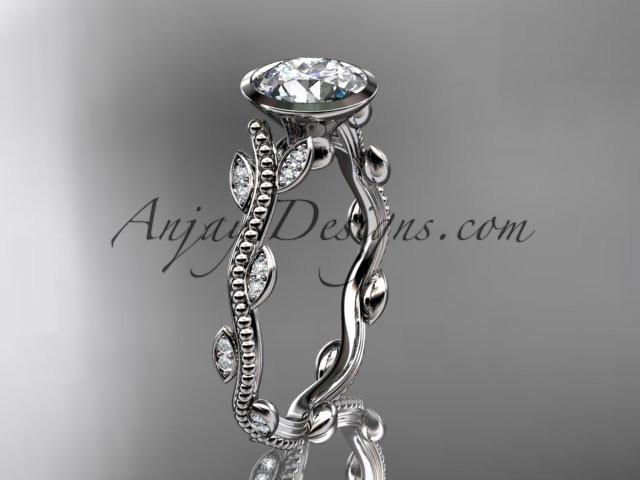 Platinum diamond leaf and vine wedding ring, engagement ring with "Forever One" Moissanite center stone ADLR33 - AnjaysDesigns