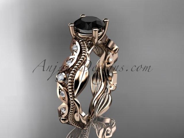 14kt rose gold diamond leaf and vine wedding ring, engagement ring, wedding band with a  Black Diamond center stone ADLR342 - AnjaysDesigns