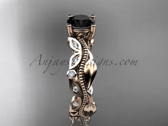 14kt rose gold diamond leaf and vine wedding ring, engagement ring, wedding band with a  Black Diamond center stone ADLR342 - AnjaysDesigns