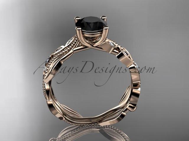 14kt rose gold diamond leaf and vine wedding ring, engagement ring, wedding band with a  Black Diamond center stone ADLR342 - AnjaysDesigns
