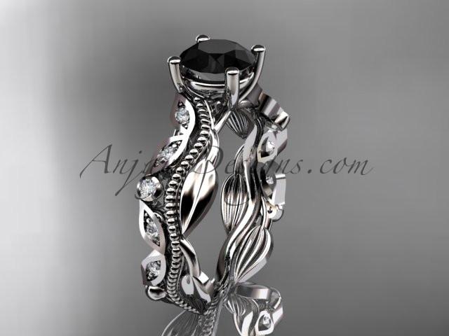 Platinum diamond leaf and vine wedding ring, engagement ring, wedding band with a  Black Diamond center stone ADLR342 - AnjaysDesigns