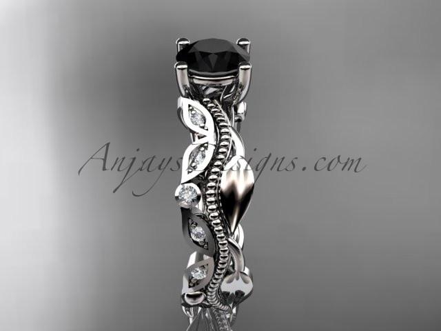 14kt white gold diamond leaf and vine wedding ring, engagement ring, wedding band with a  Black Diamond center stone ADLR342 - AnjaysDesigns