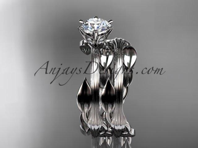 platinum leaf and vine wedding ring, engagement set with a "Forever One" Moissanite center stone ADLR343S - AnjaysDesigns