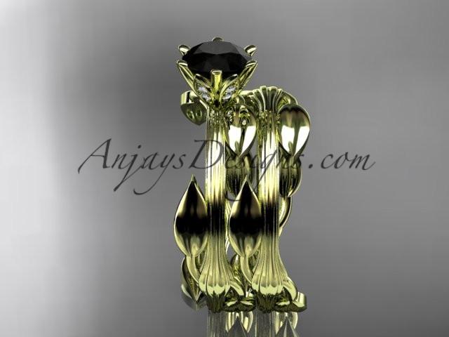 14k yellow gold leaf and vine wedding ring, engagement set with a Black Diamond center stone ADLR343S - AnjaysDesigns