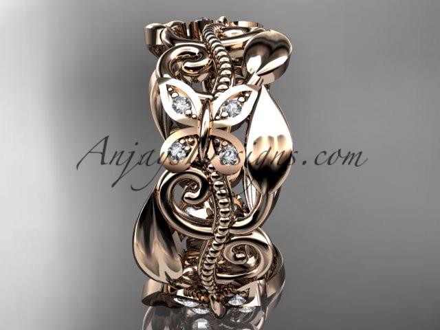 14kt rose gold leaf and vine, butterfly wedding ring,wedding band ADLR346B - AnjaysDesigns