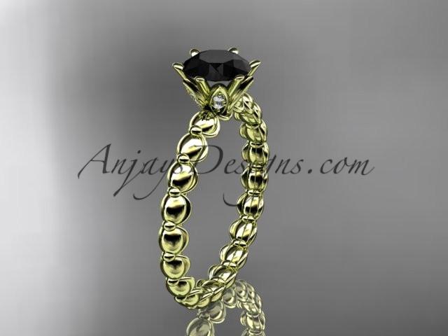 14k yellow gold diamond vine and leaf wedding ring, engagement ring with Black Diamond center stone ADLR34 - AnjaysDesigns