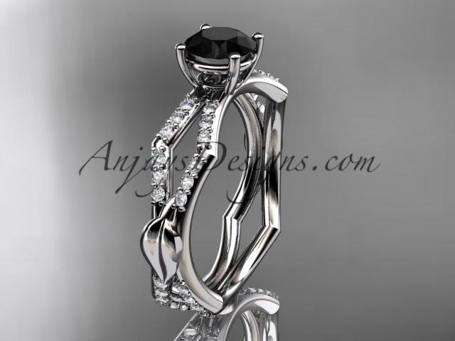 platinum diamond leaf and vine wedding ring,engagement ring with a Black Diamond center stone ADLR353 - AnjaysDesigns