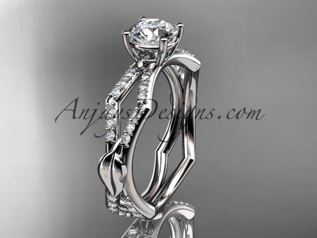 platinum diamond leaf and vine wedding ring,engagement ring with a "Forever One" Moissanite center stone ADLR353 - AnjaysDesigns