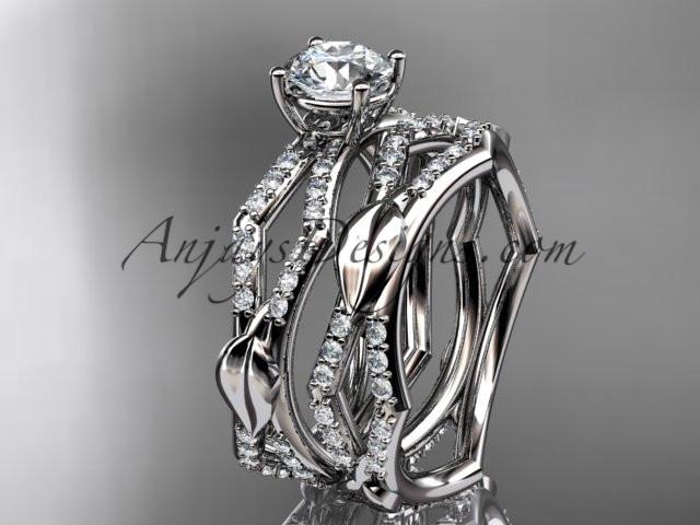 platinum diamond leaf and vine wedding ring, engagement set with a "Forever One" Moissanite center stone ADLR353S - AnjaysDesigns