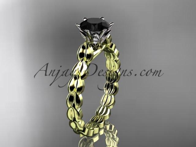 14k yellow gold diamond vine and leaf wedding ring, engagement ring with Black Diamond center stone ADLR35 - AnjaysDesigns