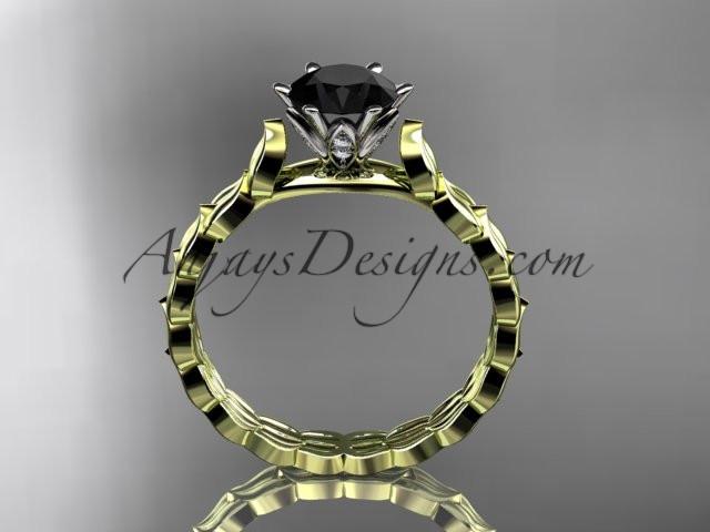 14k yellow gold diamond vine and leaf wedding ring, engagement ring with Black Diamond center stone ADLR35 - AnjaysDesigns