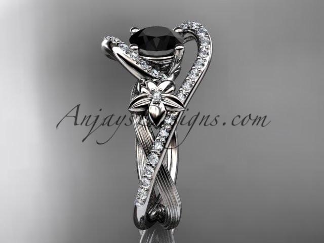 14k white gold leaf and flower diamond unique engagement ring, wedding ring with a Black Diamonde center stone ADLR369 - AnjaysDesigns