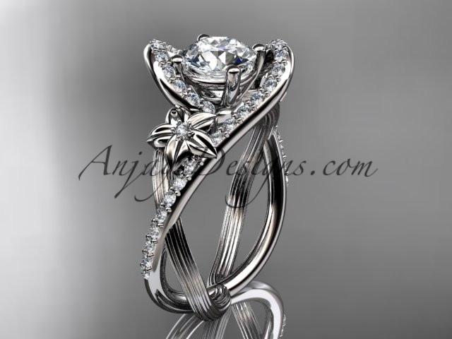 platinum leaf and flower diamond unique engagement ring, wedding ring with a "Forever One" Moissanite center stone ADLR369 - AnjaysDesigns