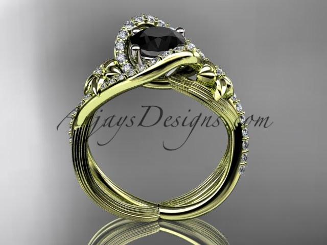 14k yellow gold leaf and flower diamond unique engagement ring, wedding ring with a Black Diamonde center stone ADLR369 - AnjaysDesigns