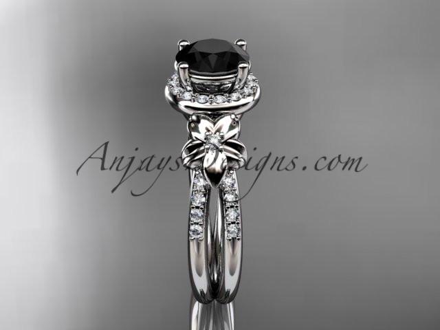 platinum leaf and flower diamond unique engagement ring, wedding ring with a Black Diamonde center stone ADLR373 - AnjaysDesigns