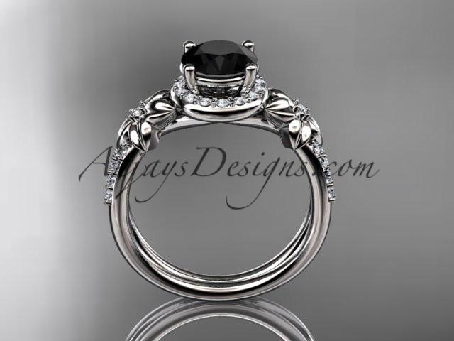 platinum leaf and flower diamond unique engagement ring, wedding ring with a Black Diamonde center stone ADLR373 - AnjaysDesigns