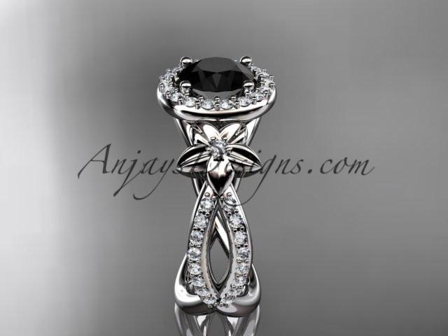 platinum leaf and flower diamond unique engagement ring, wedding ring with a Black Diamonde center stone ADLR374 - AnjaysDesigns