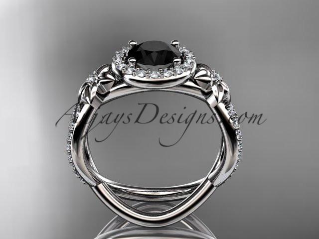 platinum leaf and flower diamond unique engagement ring, wedding ring with a Black Diamonde center stone ADLR374 - AnjaysDesigns