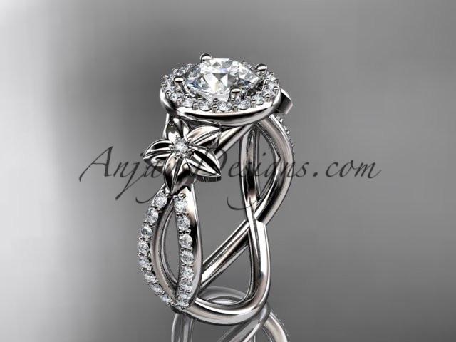 platinum leaf and flower diamond unique engagement ring, wedding ring with a "Forever One" Moissanite center stone ADLR374 - AnjaysDesigns