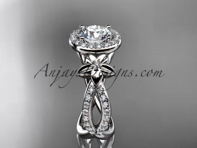 platinum leaf and flower diamond unique engagement ring, wedding ring with a "Forever One" Moissanite center stone ADLR374 - AnjaysDesigns