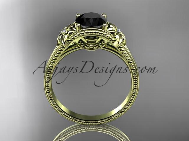 14k yellow gold leaf and flower diamond unique engagement ring with a Black Diamonde center stone ADLR375 - AnjaysDesigns