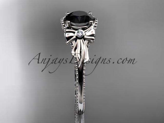 platinum leaf and flower diamond unique engagement ring with a Black Diamonde center stone ADLR376 - AnjaysDesigns