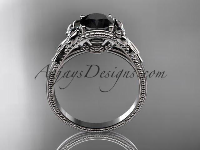 platinum leaf and flower diamond unique engagement ring with a Black Diamonde center stone ADLR376 - AnjaysDesigns