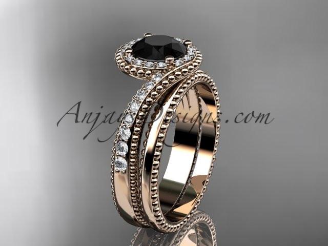 14kt rose gold halo diamond engagement set with a Black Diamond center stone ADLR379S - AnjaysDesigns