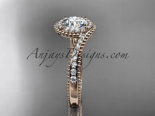 14kt rose gold halo diamond engagement ring with a "Forever One" Moissanite center stone ADLR379 - AnjaysDesigns