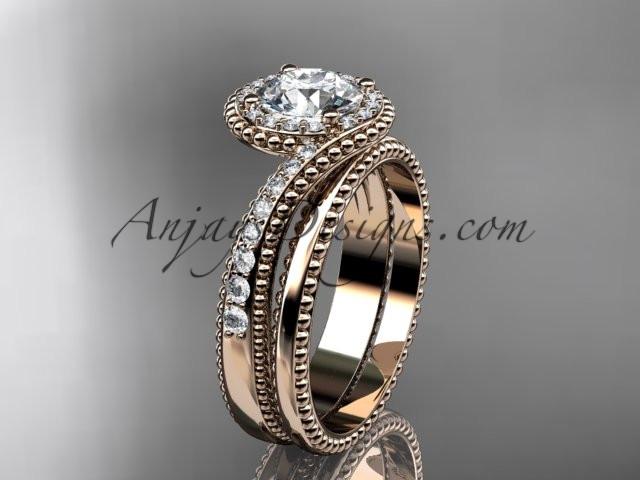 14kt rose gold halo diamond engagement set with a "Forever One" Moissanite center stone ADLR379S - AnjaysDesigns