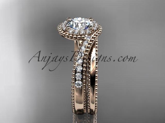 14kt rose gold halo diamond engagement set with a "Forever One" Moissanite center stone ADLR379S - AnjaysDesigns