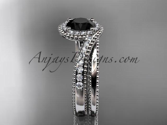platinum halo diamond engagement set with a Black Diamond center stone ADLR379S - AnjaysDesigns