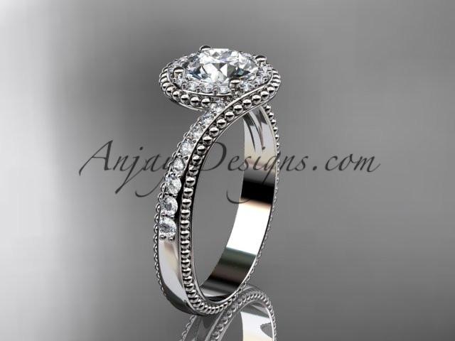platinum halo diamond engagement ring with a "Forever One" Moissanite center stone ADLR379 - AnjaysDesigns