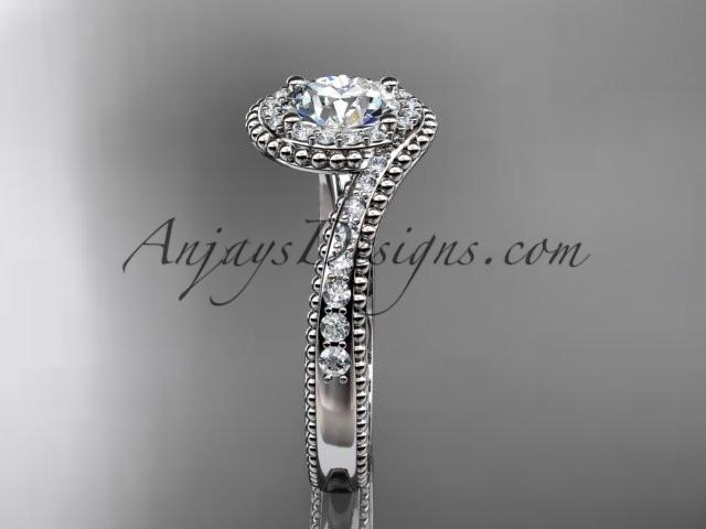 platinum halo diamond engagement ring with a "Forever One" Moissanite center stone ADLR379 - AnjaysDesigns