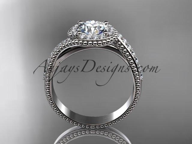platinum halo diamond engagement ring with a "Forever One" Moissanite center stone ADLR379 - AnjaysDesigns