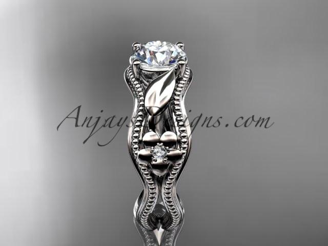 platinum leaf and flower diamond unique engagement ring with a "Forever One" Moissanite center stone ADLR382 - AnjaysDesigns