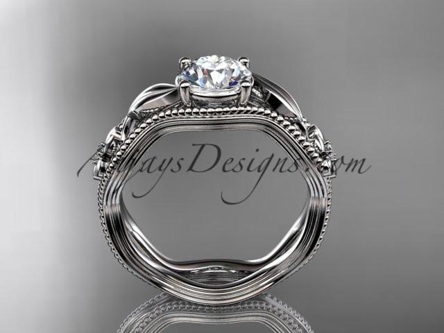 platinum leaf and flower diamond unique engagement ring with a "Forever One" Moissanite center stone ADLR382 - AnjaysDesigns
