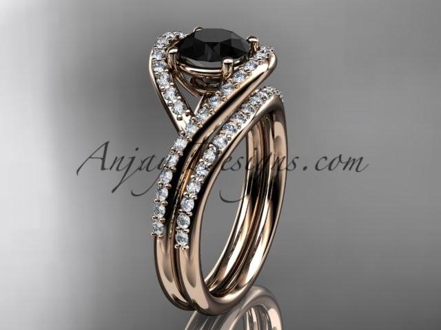14kt rose gold diamond wedding ring, engagement set with a Black Diamond center stone ADLR383S - AnjaysDesigns