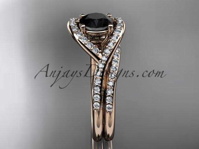 14kt rose gold diamond wedding ring, engagement set with a Black Diamond center stone ADLR383S - AnjaysDesigns