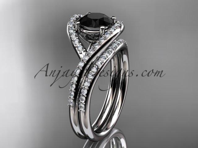 platinum diamond wedding ring, engagement set with a Black Diamond center stone ADLR383S - AnjaysDesigns