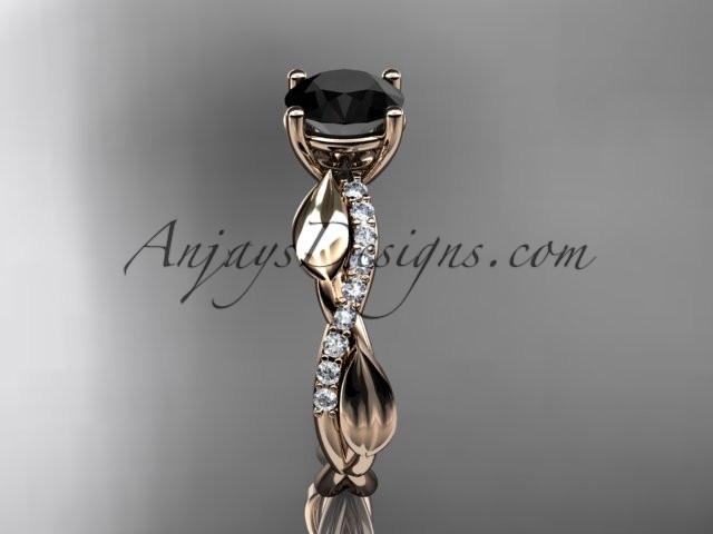 14kt rose gold leaf diamond wedding ring, engagement ring with a Black Diamond center stone ADLR385 - AnjaysDesigns